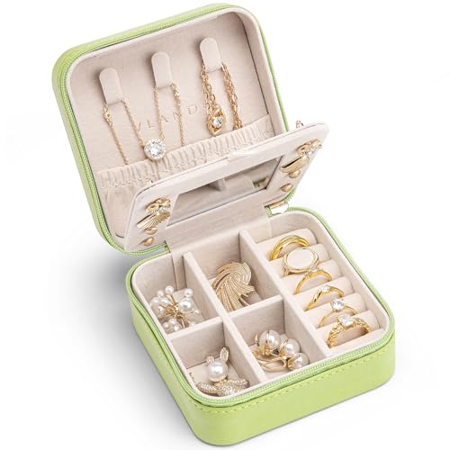 VLANDO Small Travel Jewelry Box Organizer - Girls Women Gift Rings Earrings Necklaces Jewelry Storage Display Case with Mirror Green - color: Green, size: B. with Mirror
