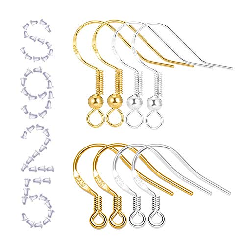 S925 Sterling Silver Earring Hooks - 8Pcs/4 Pairs Hypoallergenic 18K Gold Plated Ear Wires Fish Hooks for Jewelry Making, Jewelry Findings Parts with Rubber Earring Backs Stopper for DIY Jewelry - color: Regular Silver and Gold