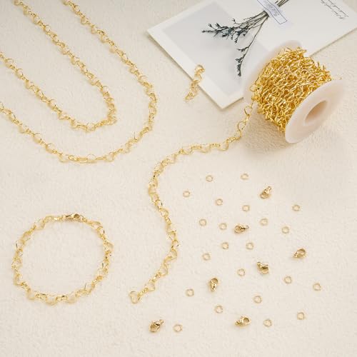 YOUBEIYEE 16.4 Feet Heart Chain 18K Gold Plated Stainless Steel Chains Bulk for Jewelry Making - color: Heart Gold