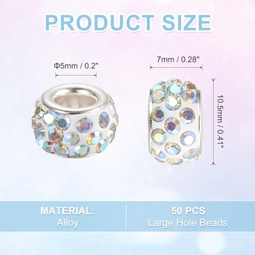 uxcell 50Pcs European Large Hole Beads, Rhinestone Craft Bead Crystal Charm Spacer Beads for Pens Bracelet Making Necklace DIY Craft, White AB - color: White AB