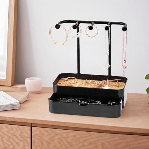 WCHOSOZH Jewelry Organizer Stand, 2-Tier Necklaces Holder with Wooden Tray and 5 Storage Hooks, Earring Holder with 5 Pcs Jewelry Bags for Bracelet,Chains,Rings,Earrings,Keys Watches (Black) - color: Upgraded Black
