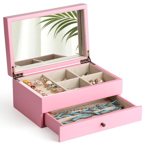 Meangood Jewelry Box Organizer for Women, 2 Layer Large Jewelry Storage Case, Rustic Wooden Jewelry Box with Mirror & Ring Tray for Necklace Earring Bracelets Rings, Vintage Style (Pink) - color: 2 Layer Pink, size: 2 Layer