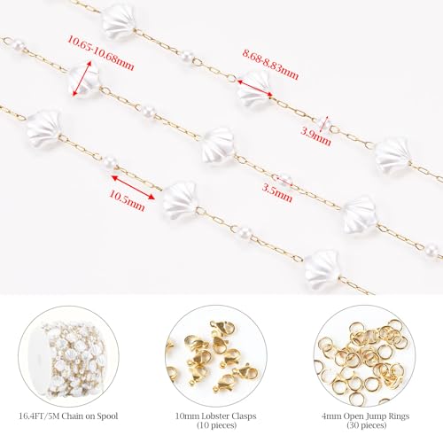 KYUNHOO 16.4FT/5M Artificial Shell Pearl Chain Roll Stainless Steel Paperclip Links Gold Plated Chains for Jewelry Making with Jewelry Connectors - color: Shell Gold