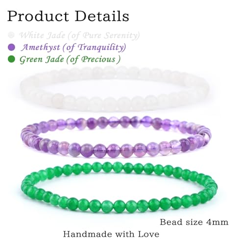 2/3-Pieces 4mm 6mm 8mm Natural Crystal Gemstone – Handmade Reiki Energy Healing Stretch Bracelets Jewelry for Yoga, Meditation, Unisex - color: 3 Pieces (Amethyst&GreenJade&WhiteJade), size: 4mm