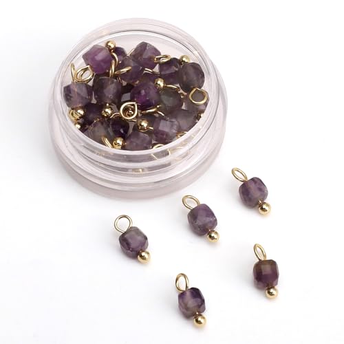 Beadia Natural Faceted Cube Stone Charms 4mm 30pcs with Untarnish Metal Accessories Loose Square Beads for DIY Jewelry Making - color: Amethyst