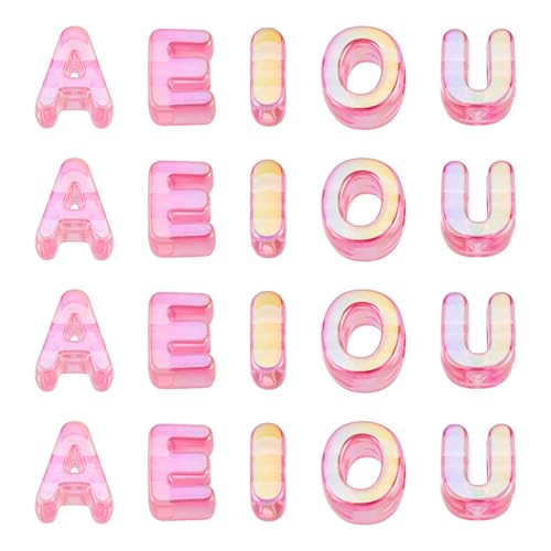 FASHEWELRY 50Pcs Vowel Letter Acrylic Beads Large Hole Alphabet A E I O U 3D Letters Iridescent Chunky Initial Big Plastic Letter Beads for Keychains Necklace DIY Arts Craft Projects Deep Pink - color: Iridescent Deep Pink, size: Vowels