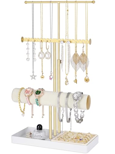 3-Tier Jewelry Stand Jewelry Organizer, Gold Necklace & Bracelet Organizer with Velvet Ring Tray, Sturdy Jewelry Holder for Earrings, Cute & Aesthetic Jewelry Display Tower – Gift for Women