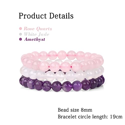 3 PCS Healing Crystal Bracelets for Women 8mm Natural Stone Beaded Stretch Bracelet Amethyst Jewelry Gifts - color: 01 8mm Rose Quartz