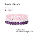 3 PCS Healing Crystal Bracelets for Women 8mm Natural Stone Beaded Stretch Bracelet Amethyst Jewelry Gifts - color: 01 8mm Rose Quartz