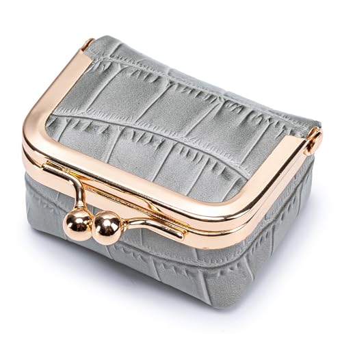 Mini Travel Jewelry Box Organizer with Crocodile Pattern, Premium Cowhide Leather, Rose Gold Kiss-Lock Clasp, Portable Storage Case, 2.56 x 1.77 x 1.38 Inches (Gray, S) - color: Gray