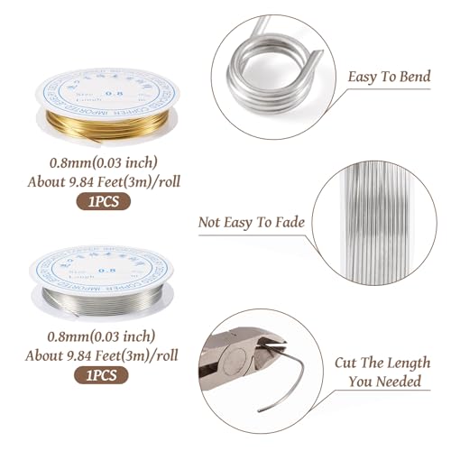 Pandahall 2 Rolls Jewelry Beading Wires 20 Gauge Bendable Copper Wire with Looper Pliers Platinum Golden Tarnish Resistant Copper Beading Wire for DIY Jewelry Craft Making Supplies