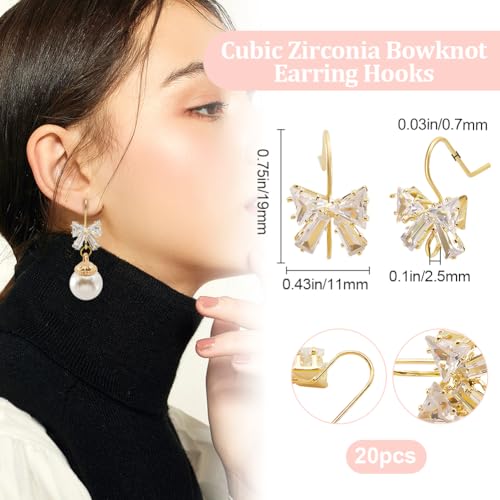 Beebeecraft 1 Box 20Pcs Cubic Zirconia Earring Hooks Bowknot French Fish Hooks with Horizontal Loop for Earring Jewelry DIY Making - color: Gold