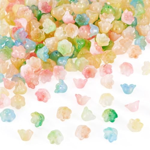 Beadthoven 200Pcs Flower Glass Bead Caps Transparent Glass Crystal Trumpet Lily Flower Beads Floral Loose Spacer Bead Charms for Bracelet Necklace Earring Jewelry Making - color: Trumpet-Colorful
