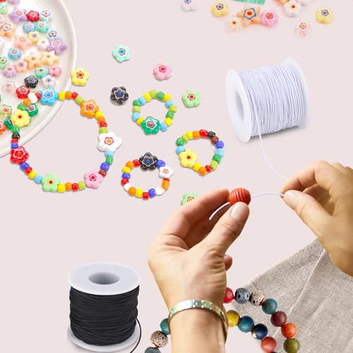 Stretchy String for Bracelets, 2 Rolls 0.8mm,1 mm,1.5mm,330 Feet Sturdy Elastic String for Jewelry Making, Necklaces, Beading and Crafts (White Black (1.0mm)) - size: White Black (1.0mm)