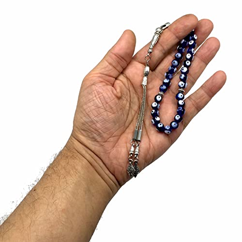 Simple Designed Natural Stone Worry Beads (8mm -33 Beads) - Prayer Beads Tesbih-Tasbih-Tasbeeh-Misbaha-Subha-Sebha-Sibha-Rosary (Evil Eye -8 mm 33- Beads) - color: Evil Eye -8 mm 33- Beads