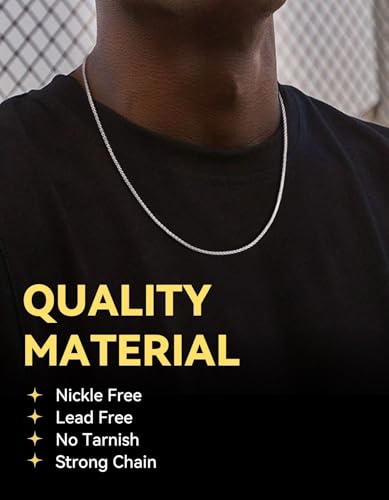 ChainsHouse Flat Box Chain Necklace Men, 2/4/6/8mm Round Link Chain Necklaces, Stainless Steel/Black/14K Gold Plated Mens Jewelry, 14"-30" Length, Come Gift Box - color: A-2mm-stainless, size: 30 Inches