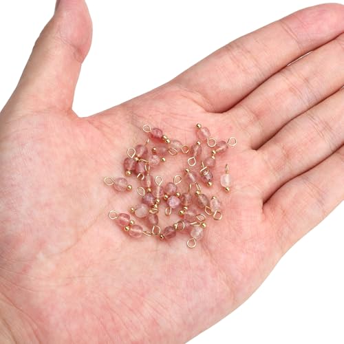 Beadia Natural Faceted Cube Stone Charms 4mm 30pcs with Untarnish Metal Accessories Loose Square Beads for DIY Jewelry Making - color: Strawberry Crystal