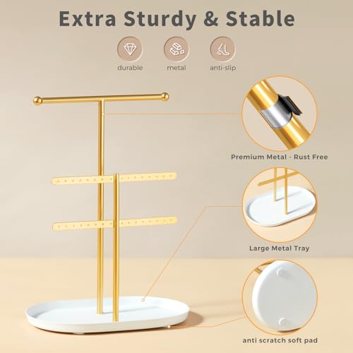 Saydear Elegant Jewelry holder Organizer 2-Tier Display Storage Stand for Earrings Necklaces with Ring Tray Spacious and Durable, Easy to Assemble White & Gold - color: White & Gold