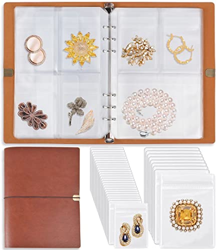 ChezMax Jewelry Organizer, Jewelry Storage Book with Pockets, Foldable Earrings Travel Album, PU Leather Accessories Holder Booklet for Bracelets Necklace Rings (64 Grids+64 Anti-Oxidation PVC Bags) - color: A-brown