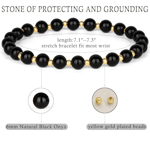 QOGIR 14k gold Handmade Healing Bracelet, Natural Gem Stone Crystal Elastic Gold Bracelet - color: Black Onyx - Protecting and Grounding, size: 6m