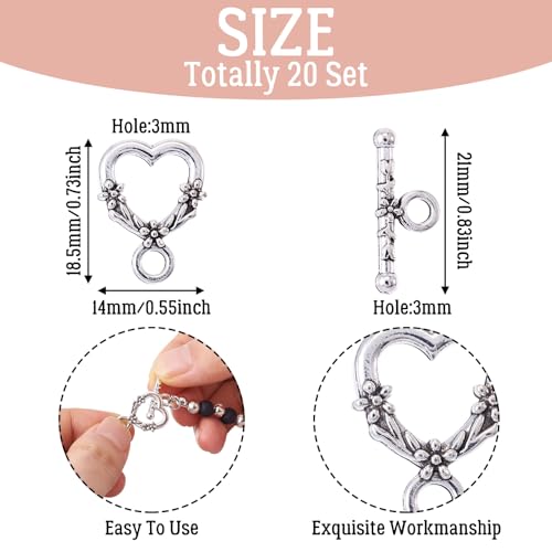 Craftdady 20 Sets Antique Silver Heart Toggle Clasps Tibetan T Bar Closure End Clasps for Bracelet Necklace Making - color: Antique Silver, 18.5x14mm