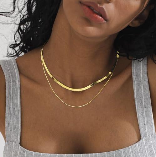 Tewiky Layered Necklaces for Women Non Tarnish- Chunky 14k Gold Plated Herringbone/Snake/Rope/Box/Cuban Link Chain for Women Waterproof Layering Stack Choker Necklace Trendy Dainty Tarnish Free Jewelry Set - color: Layered Herringbone Gold