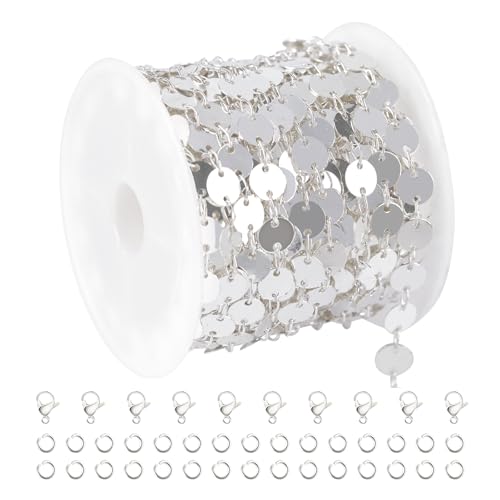 YOUBEIYEE 16.4 Feet Silver Sequin Chains for Jewelry Making Silver Plated Brass Jewelry Chain Roll with Jump Rings and Lobster Clasps - color: Sequin
