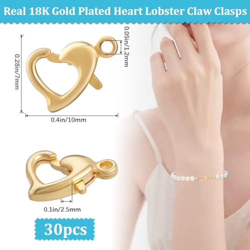 Beebeecraft 1 Box 30Pcs Heart Lobster Clasps 18K Gold Plated Brass Lobster Claw Jewelry Bracelet Clasps Connector with Jump Ring for Valentine's Day DIY Craft Jewellery Making, Small 0.4x0.28in - color: Gold