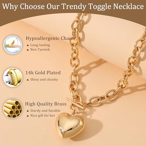 CHESKY 14K Gold Plated Chunky Necklace for Women, Trendy Paperclip Chain Necklace Thick Cross Heart Pendant Necklace Layered Herringbone Cuban Link Chain Toggle Necklaces Non Tarnish Jewelry - color: gold, style: heart