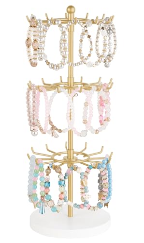 Mkono Bracelet Holder Gold Metal Rotating Bracelet Display Stand 3 Tier Jewelry Tower rack with 36 Hooks and Wood Base Modern Adjustable Storage Organizer Tree for Selling KeyChain Bangle Accessories