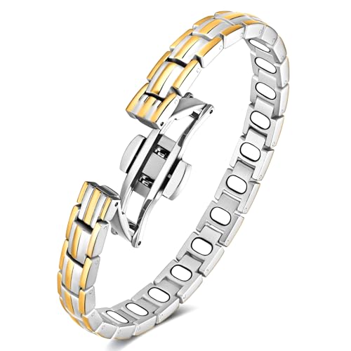 Feraco 5X Strength Magnetic Bracelets for Women, Stainless Steel Magnet Bracelet with Ultra Powerful 5000 Gauss Magnets, Upgraded Butterfly Clasp, Adjustable Jewelry Gift - color: Silver & Gold
