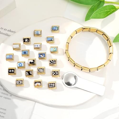 Italian Charms Bracelet Sets with 1Pcs Starter Brascelet 9Pcs Charms 9mm Italian Modular Charm Bracelet DIY Module Jewelry Gifts - color: A-Starter Bracelet Set-20Pcs Gold Black
