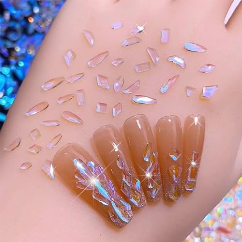 200PCS Aurora Nail Art Rhinestones Multi Shapes Mix 3D Glass Crystal Nail Gems Nail Charms Craft Heart Bear Star Irregular Iridescent Clear Nail Rhinestone Diamonds for Women Girls DIY Nail Art Design - color: Multi Shapes-9