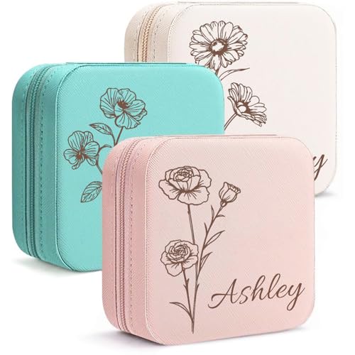 Personalized Travel Jewelry Box,Custom Leather Jewelry Case with Name and Birth Flower,Customized Birthday Valentines Day Gifts for Women Bridesmaid Girls - color: Style 01