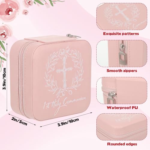 First Communion Travel Jewelry Box, Small Pink Case with Zipper & Soft Lining, Christian Keepsake Organizer for Rings Earrings Necklaces, Religious Keepsake Gift for Girls (1, Pink) - color: Pink