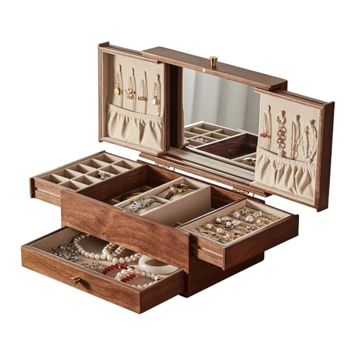 CHOSIN Black Walnut Wooden Jewelry Box for Women, 3 Level Multi-functional Drawer Organizer Box Watch Necklace Ring Earring Storage Mothers Day Gifts for Mom - style: With Mirror1