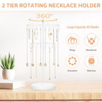 iDavosic.ly 2 Tier Rotating Necklace Holder Organizer with 42 Hooks, Adjustable Metal Bracelet Display Stand Rack, Extra Tall Keychain Spinning Tree Tower for Women, White - color: White