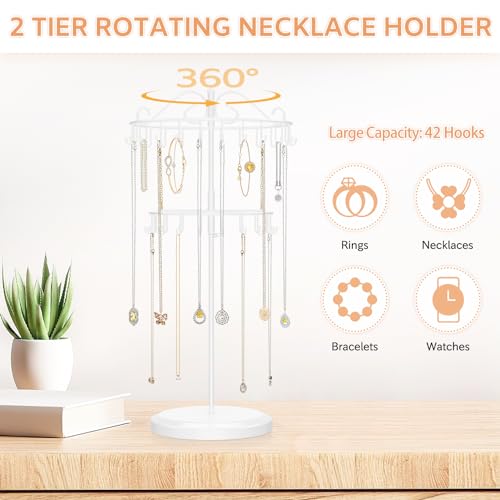 iDavosic.ly 2 Tier Rotating Necklace Holder Organizer with 42 Hooks, Adjustable Metal Bracelet Display Stand Rack, Extra Tall Keychain Spinning Tree Tower for Women, White - color: White