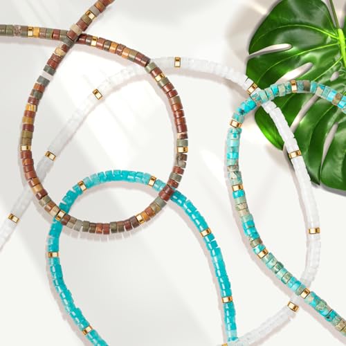 AGOT Beaded Gemstone Necklace for Women: Boho Bead Choker Natural Stone Necklaces - Handmade Jewelry for Summer Beach - color: Blue