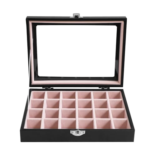 Wudygirl Small Jewelry Box 24 Grid Jewelry Organizer Velvet Jewelry Tray with Clear Lid Earring Holder Organizer Ring Holder Ring Display for Women Jewelry Display Case Drawer Inserts (Pink) - style: Black Pink 24 Grid