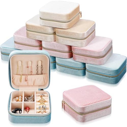 Kenning 12 Pcs Small Velvet Travel Jewelry Box Mini Jewelry Case Portable Organizer Pouch Bridesmaid Proposal Gift for Women(Square) - style: Square