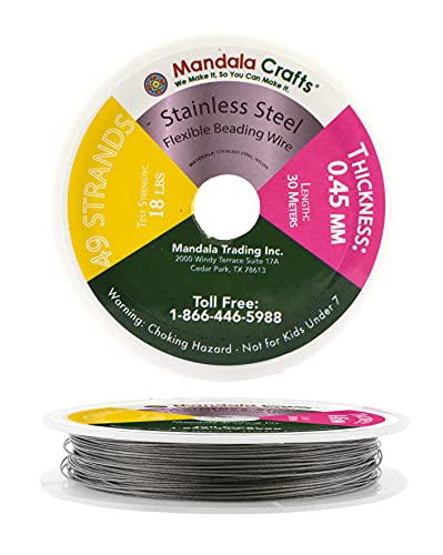 Mandala Crafts 49 Strand Beading Wire for Jewelry Making - 98 FT 25 Gauge Stainless Steel Braided Tiger Tail Wire for Bead Stringing - size: 49 Strands 25 Gauge 0.45MM 98FT