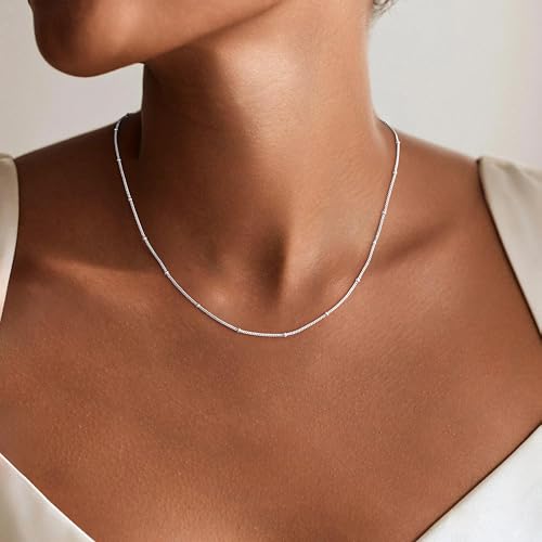 IEFWELL S925 Sterling Silver Chain Necklace for Women - 14K-Real-Gold-Plated 1.5mm Satellite Bead Chains Necklace, Sturdy Women's Chain Necklaces, 14/16/18/20/22/24 Inches Jewelry Valentines Gifts - color: S925 Sterling Silver, size: 16 Inch