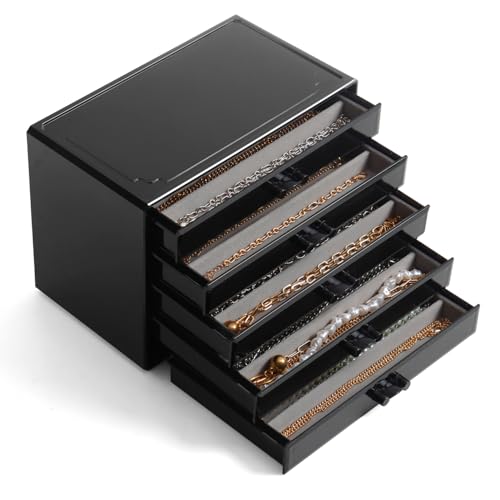YUFONG Necklace Holder Organizer, Dustproof Necklace Box Velvet Necklace Organizer Box with Lid Clear Acrylic Dustproof Stackable Jewelry Displays for Necklaces Chain Display (Black Gray, 5 Drawer) - color: Black Gray, size: 5 Drawer