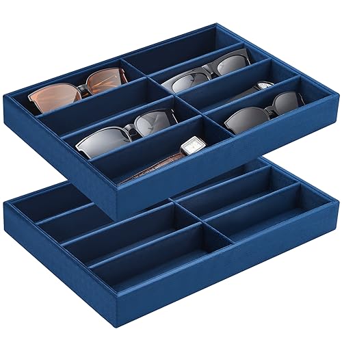 Amylove 2 Pcs Sunglass Organizer Trays Glasses Stackable Jewelry Trays Sunglass Organizer Display Box(8 Grids,Navy Blue) - color: Navy Blue, size: 8 Grids