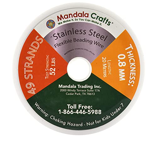 Mandala Crafts 49 Strand Beading Wire for Jewelry Making - 65 FT 20 Gauge Stainless Steel Braided Tiger Tail Wire for Bead Stringing - size: 49 Strands 20 Gauge 0.8MM 65FT