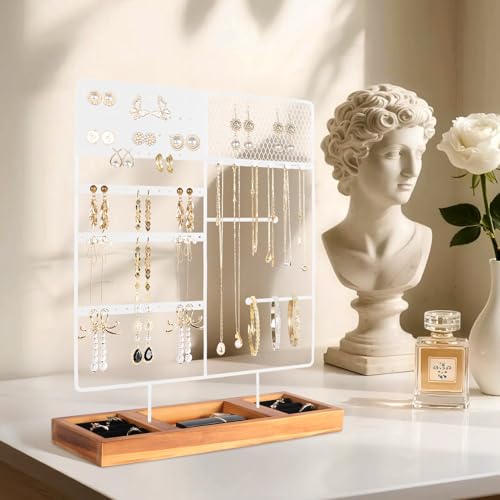 Jewelry Holder Organizer Stand, 4 Tier Earring Organizer with 84 Holes Ear Stud, Jewelry Display with Earring Necklace Bracelet Holder, Jewelry Organizer Holder with Wood Basic stand (White+Brown) - color: White+Brown
