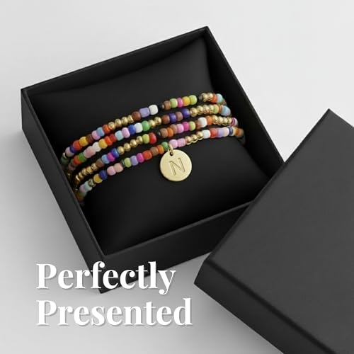 Set of 4 Colorful Bead Initial Bracelets, Personalized Stackable Jewelry, Adjustable Stretchy Charm Bracelets for Women, Beaded Bracelet Set, Trendy Custom Jewelry Gift - style: Colorful Bead - N