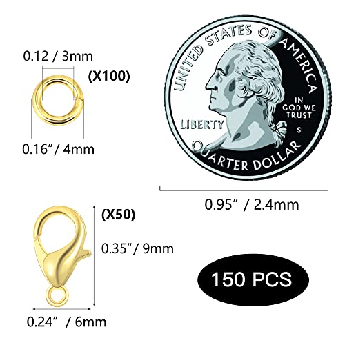 Wholesale Pack- Gold Plated 50 PCS 9mm Small Lobster Clasps and 100 PCS 4mm Open Jump Rings for Jewelry Making & Finding