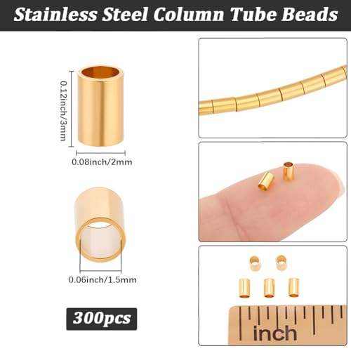 Beebeecraft 1 Box 300Pcs Tube Crimp Beads, 3x2mm Golden Stainless Steel Column Positioning Stopper Crimp Beads Cord End for Jewelry Making Bracelet Necklace - size: 3x2mm